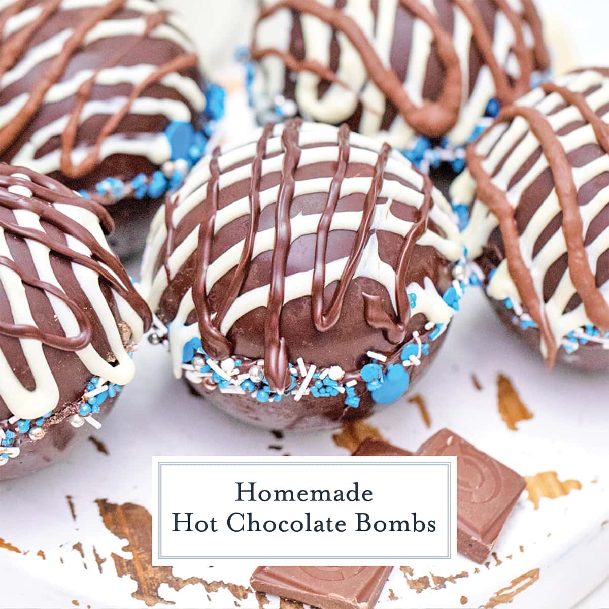 close up of drizzled hot chocolate bombs 