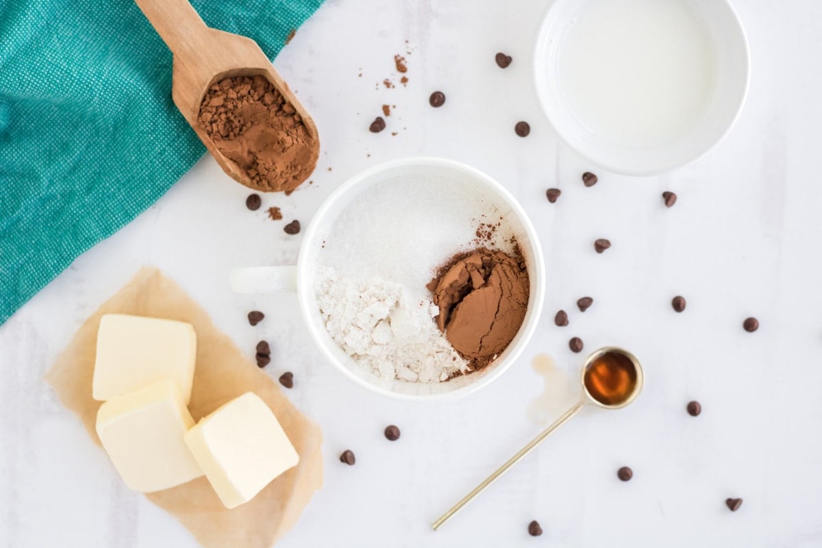 overhead shot of mug brownie ingredients in mug