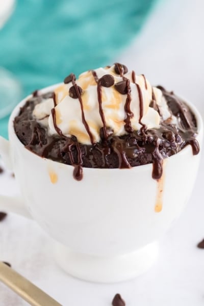 angle of brownie in a mug with teal background