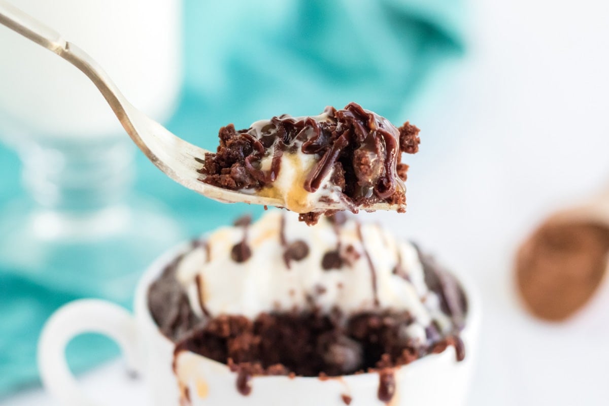 close up of bite of mug brownie on fork