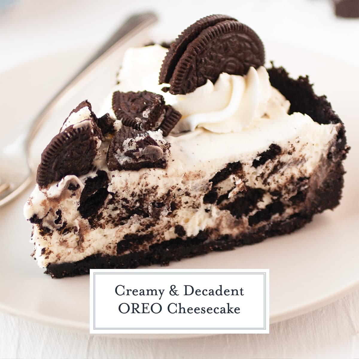 OREO cookie crust filled with a rich, creamy and delicious no-bake cookies and cream no-bake cheesecake filling. #oreocheesecake #cookiesncreamcheesecake www.savoryexperiments.com 