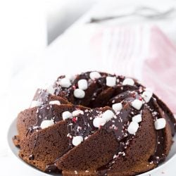 peppermint hot chocolate bundt cake on a plate
