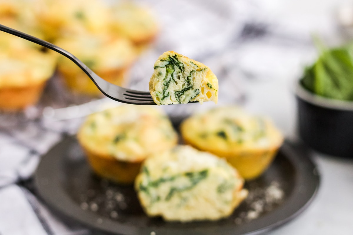 fork with a bite of spinach egg muffin 