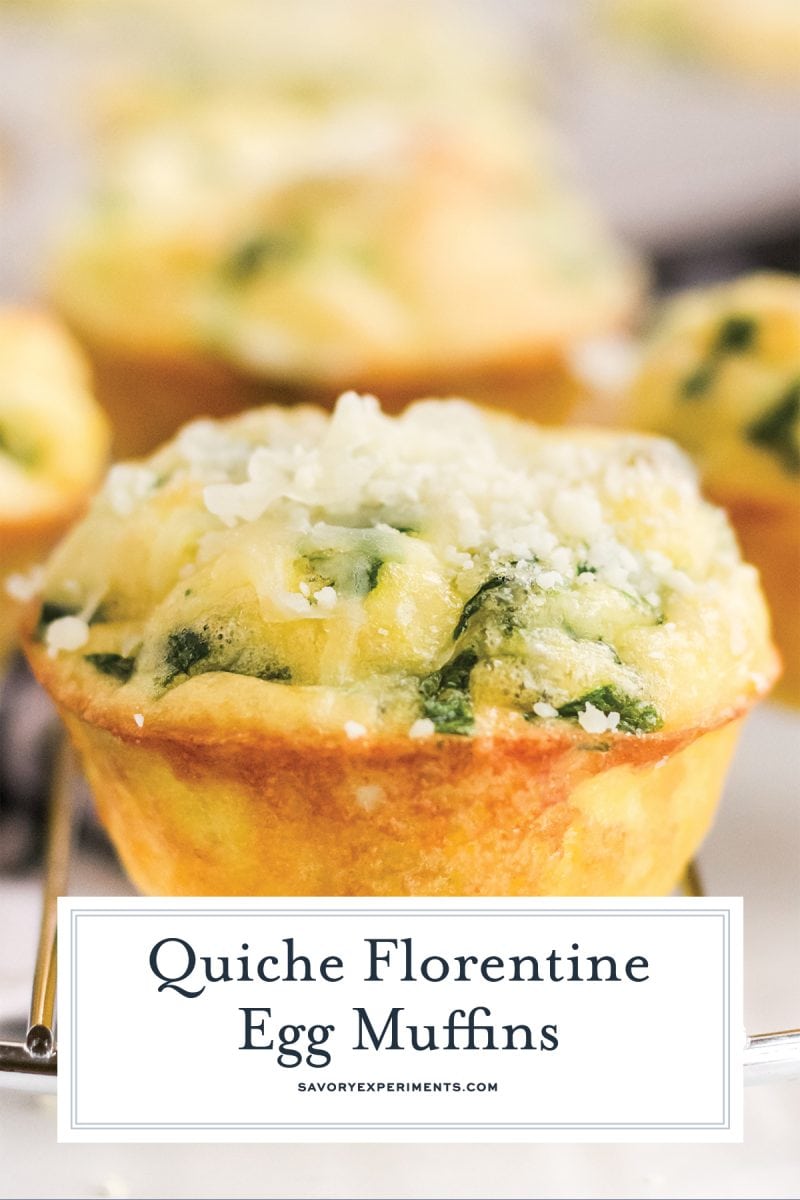 straight on shot of quiche florentine muffin with text overlay