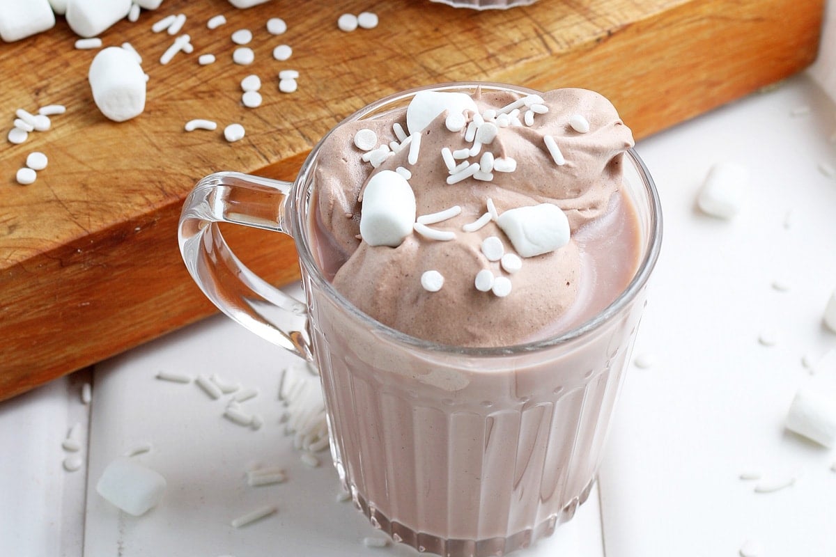 angle overhead of whipped hot chocolate with marshmallows 
