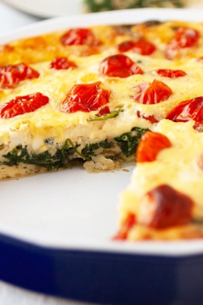 angle view of crustless spinach quiche