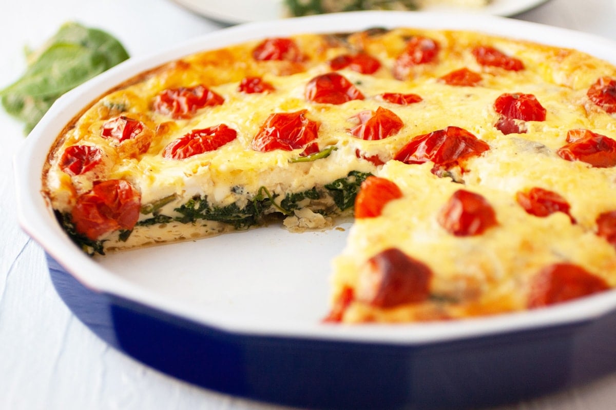 angle view of crustless spinach quiche