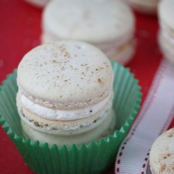 angled shot of stack of eggnog macarons