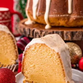 slice of eggnog pound cake on a plate