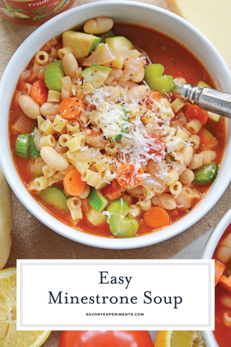 overhead of minestrone soup bowl 