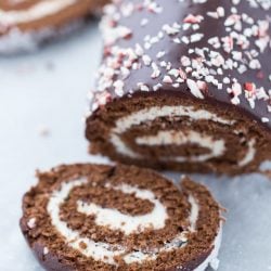 peppermint chocolate cake roll sliced