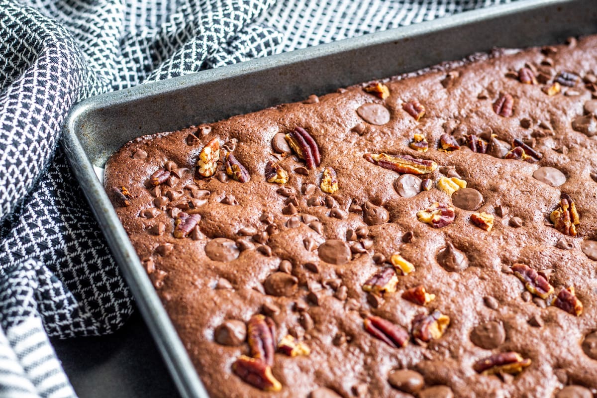 angle of brownie brittle in a rimmed baking sheet 