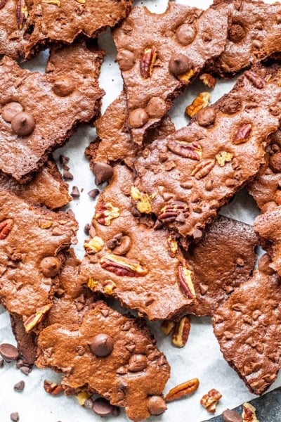 broken pieces of brownie brittle on a table