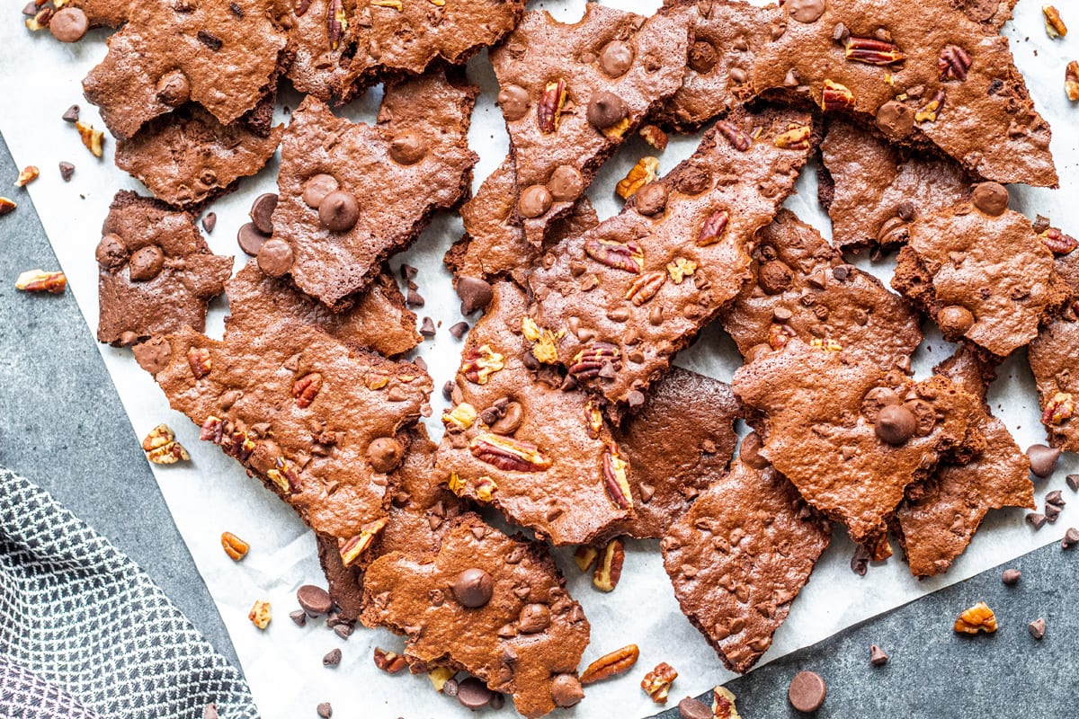 broken pieces of brownie brittle on a table