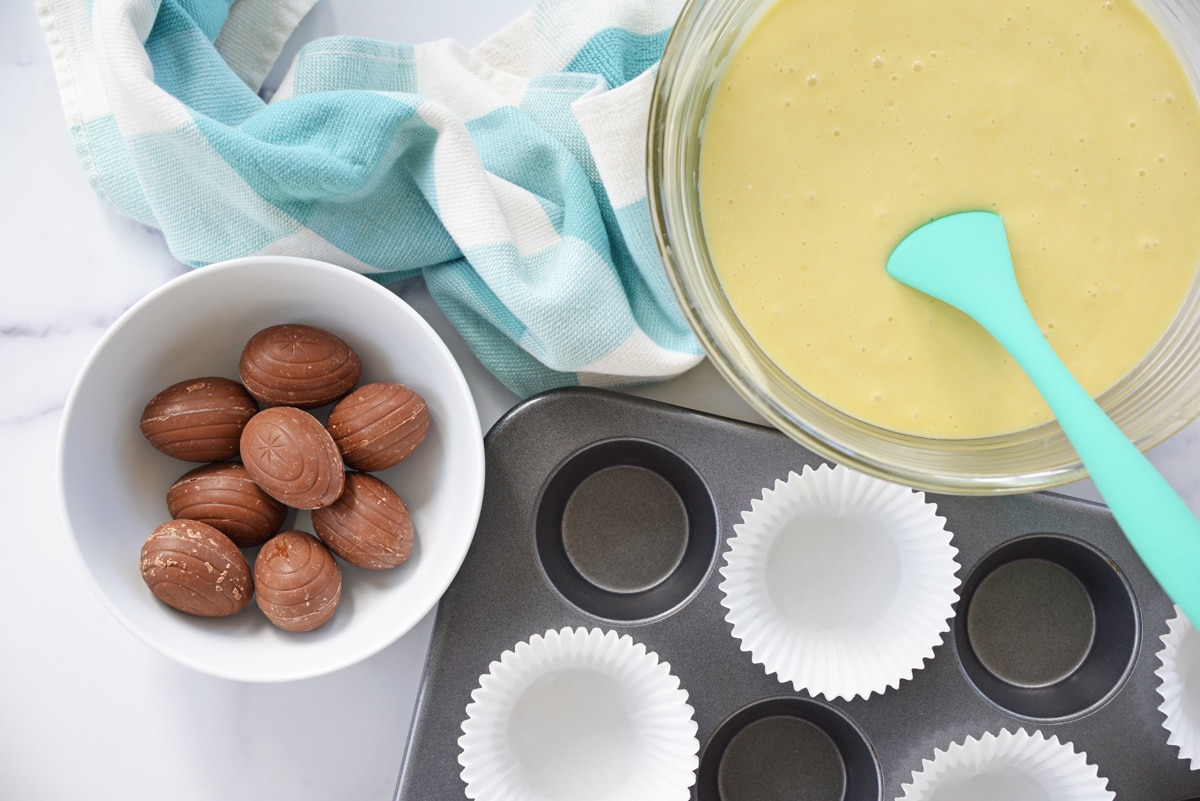 overhead shot of cadbury egg cupcake ingredients