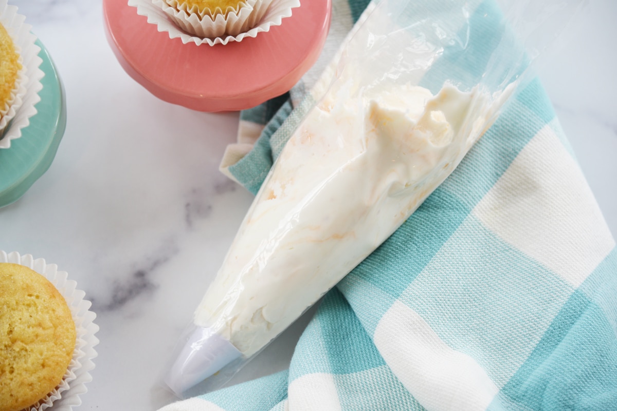 overhead shot of frosting in piping bag