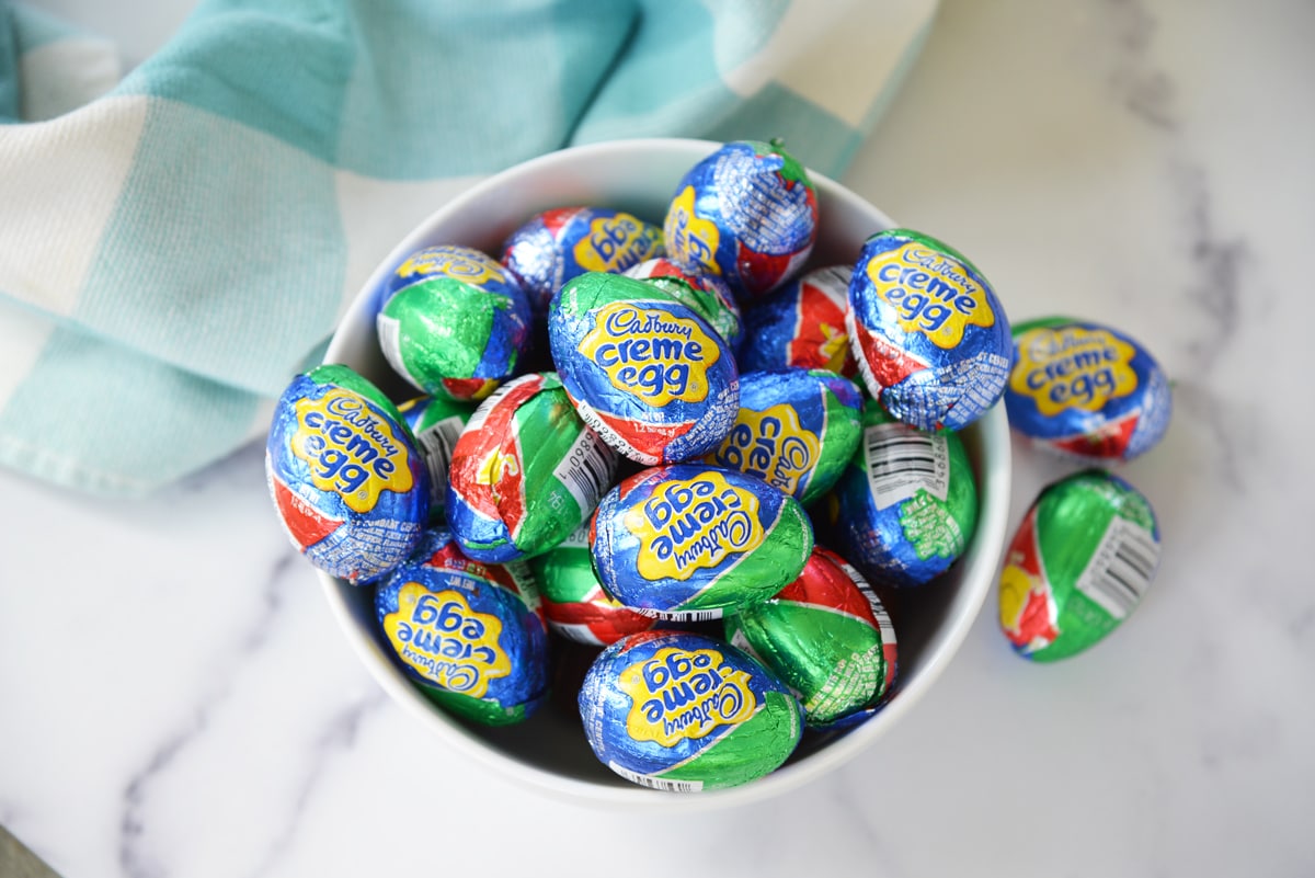 overhead shot of bowl of cadbury eggs