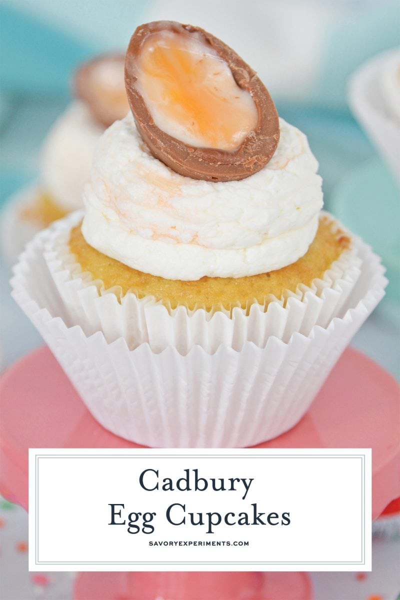 close up of cadbury egg cupcake with text overlay for pinterest