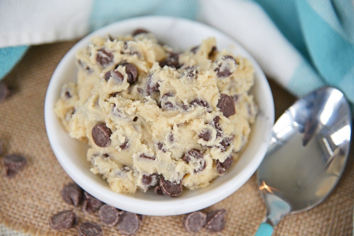 angle view of a bowl of single serve cookie dough 
