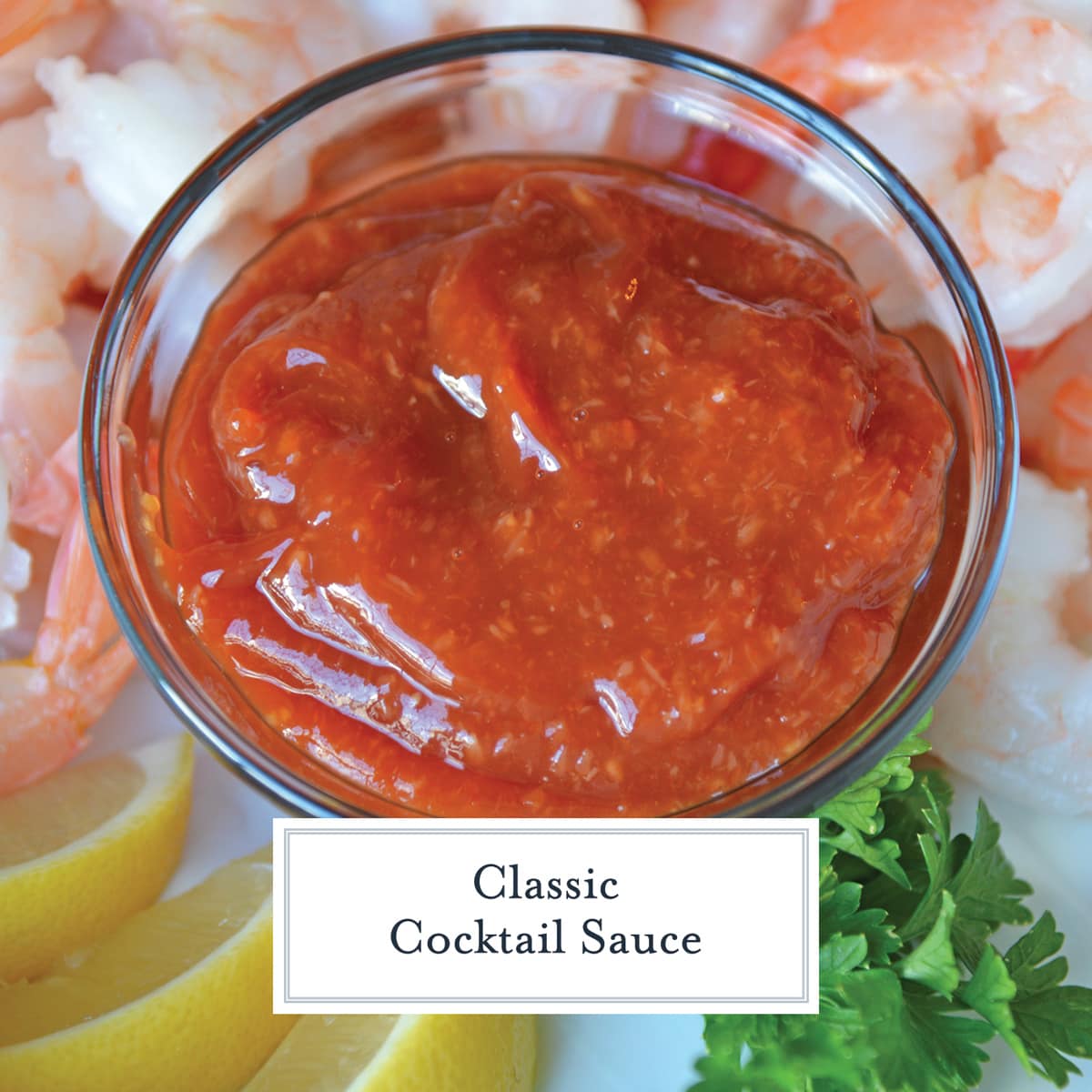 angle of homemade cocktail sauce surrounded by shrimp 