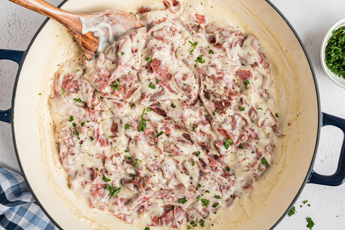 creamed chipped beef in a skillet 