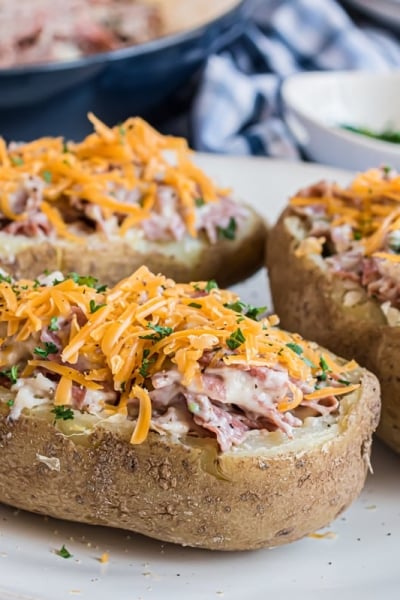 creamed chipped beef stuffed potatoes on a plate