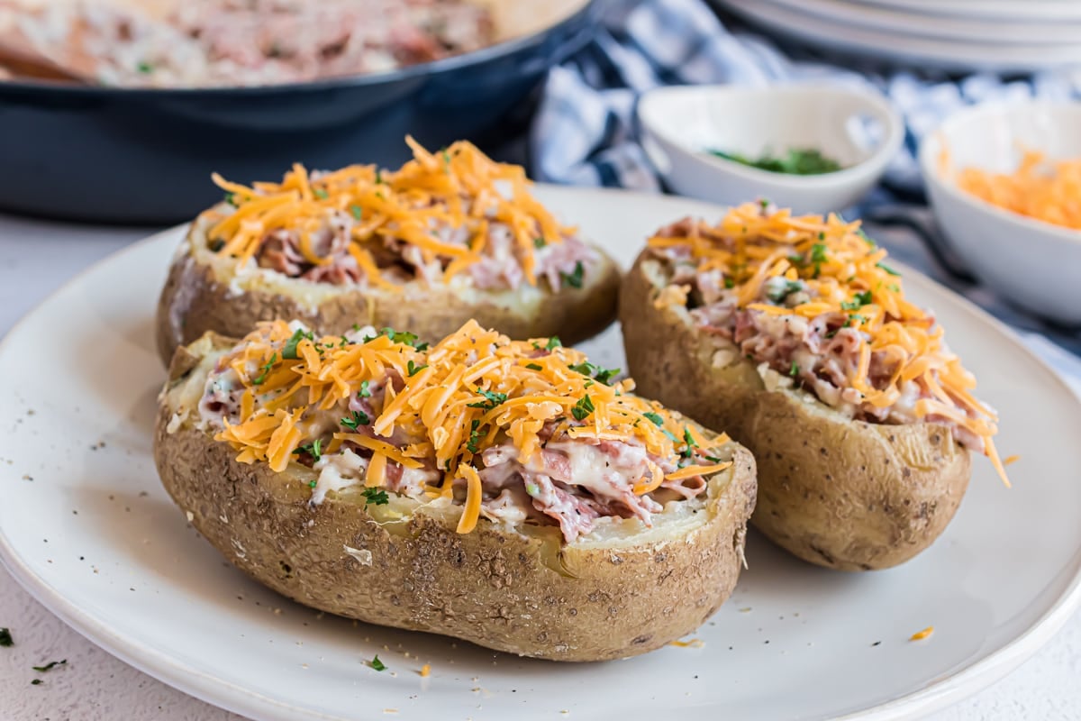 creamed chipped beef stuffed potatoes on a plate