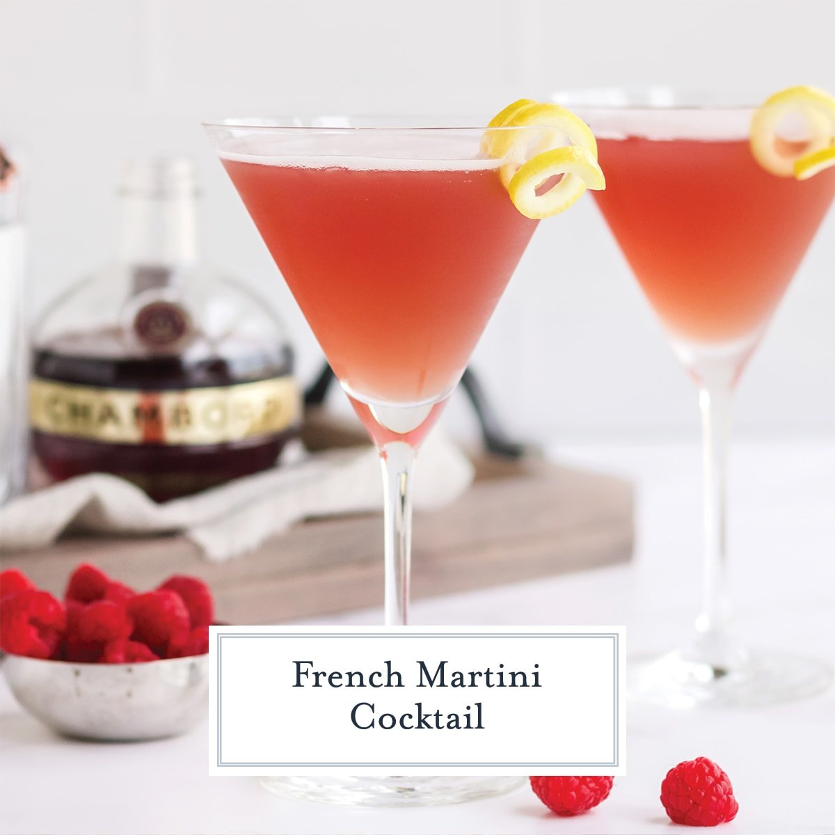 french martini kiss in a martini glass with lemon twist