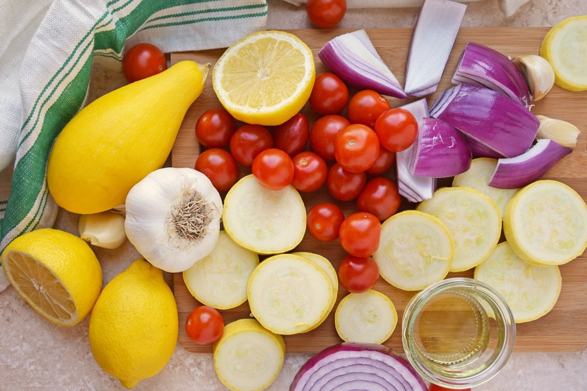 overhead shot of sliced veggies