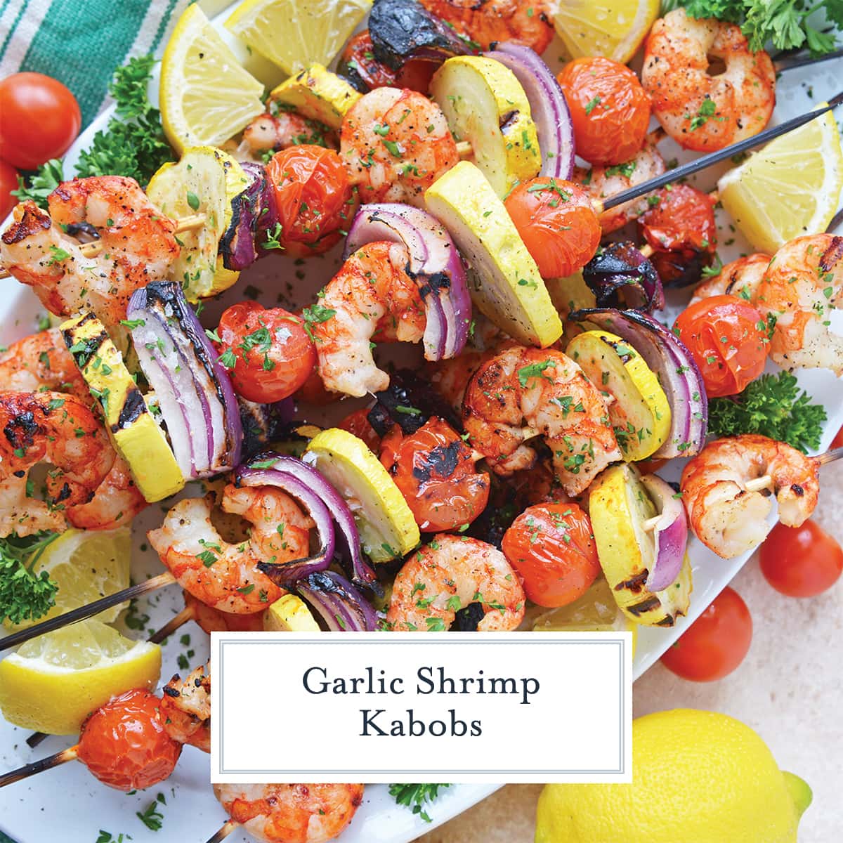overhead shot of garlic shrimp kabobs with text overlay for facebook