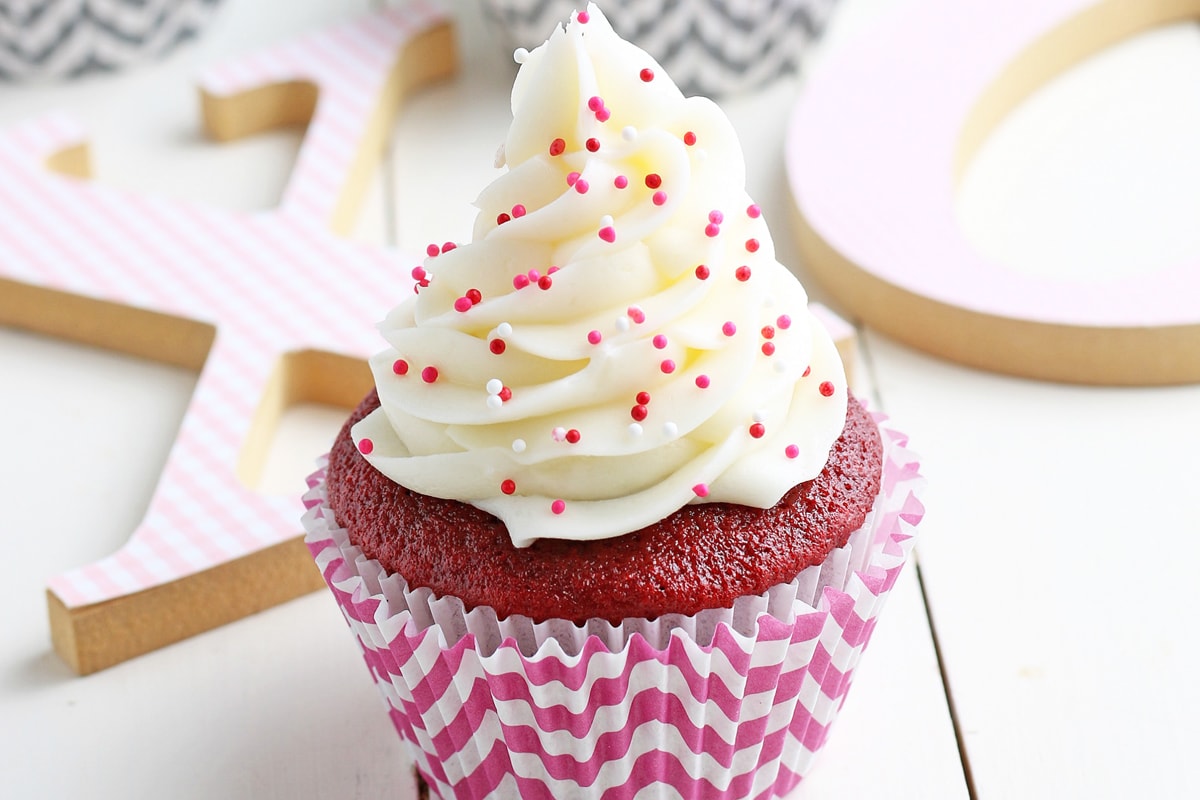 close up of red velvet cupcake 