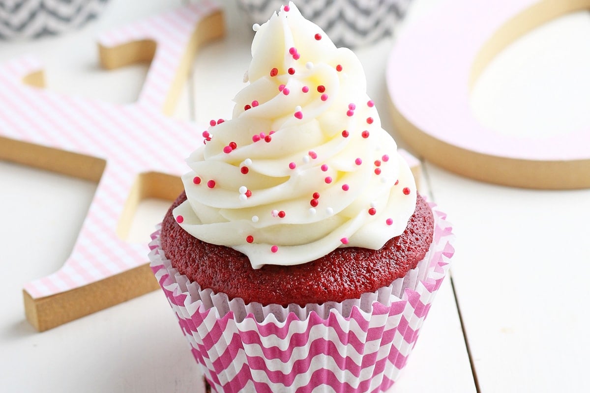 close up of red velvet cupcakes