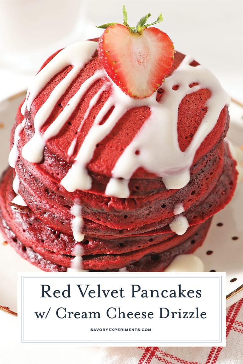 close up of a stack of red velvet pancakes 
