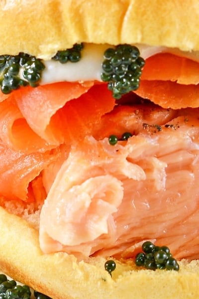 close up of salmon sandwich