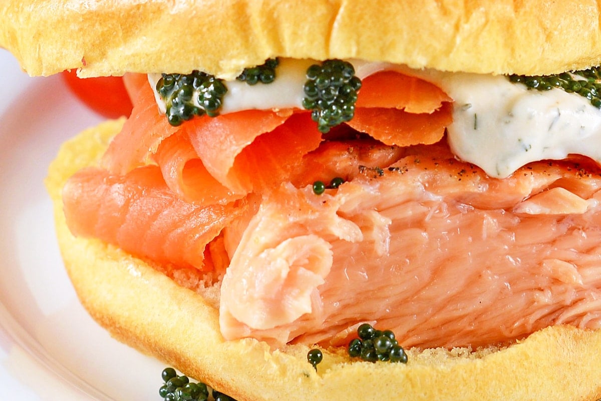 close up of salmon sandwich 