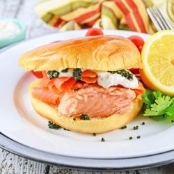 angle view of salmon sandwich