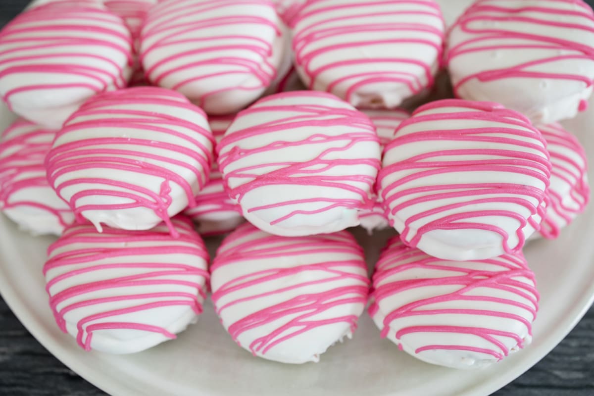 strawberry shortcake cookies on a white platter 