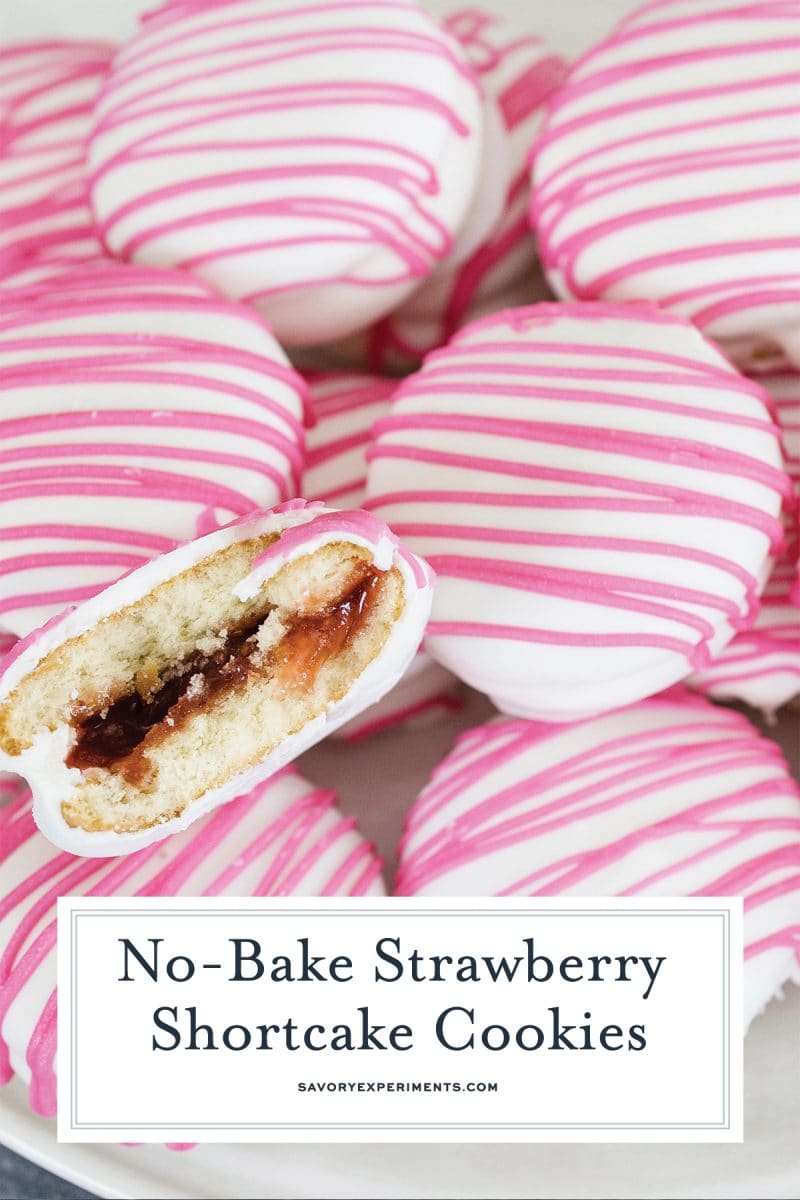 close up of strawberry cookies and halved cookie bite 