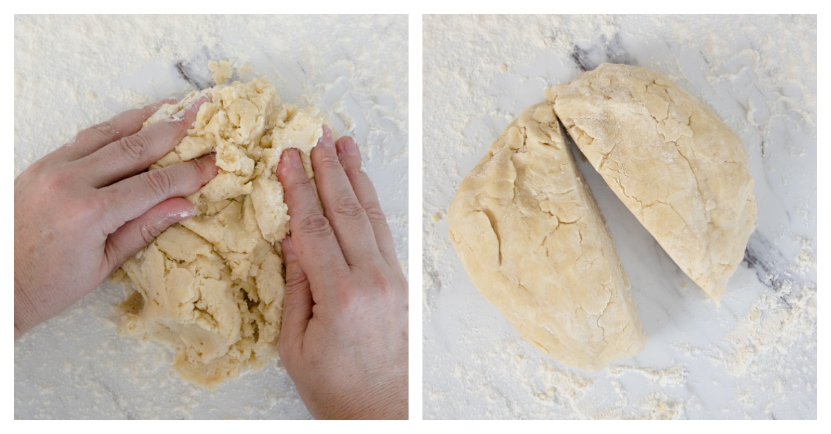 hands pushing together pie dough and dividing it in two  