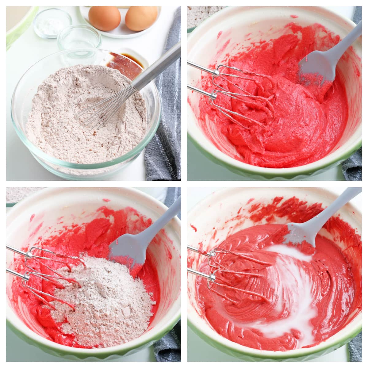 process shots of dry, wet and combine batter for red velvet cupcakes 
