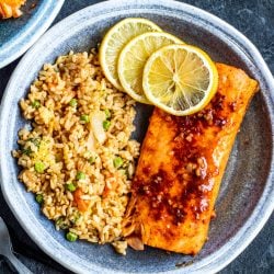 air fryer salmon on a plate with fried rice