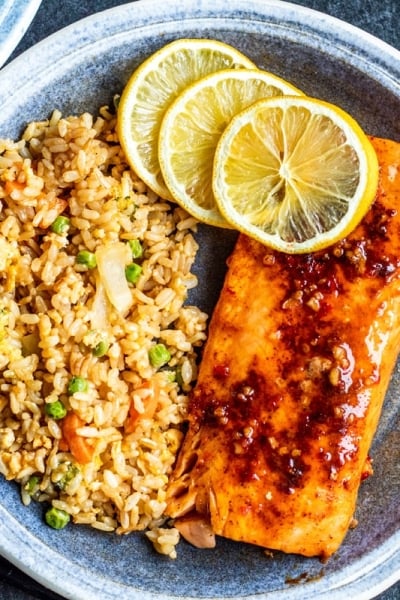 air fryer salmon on a plate with fried rice