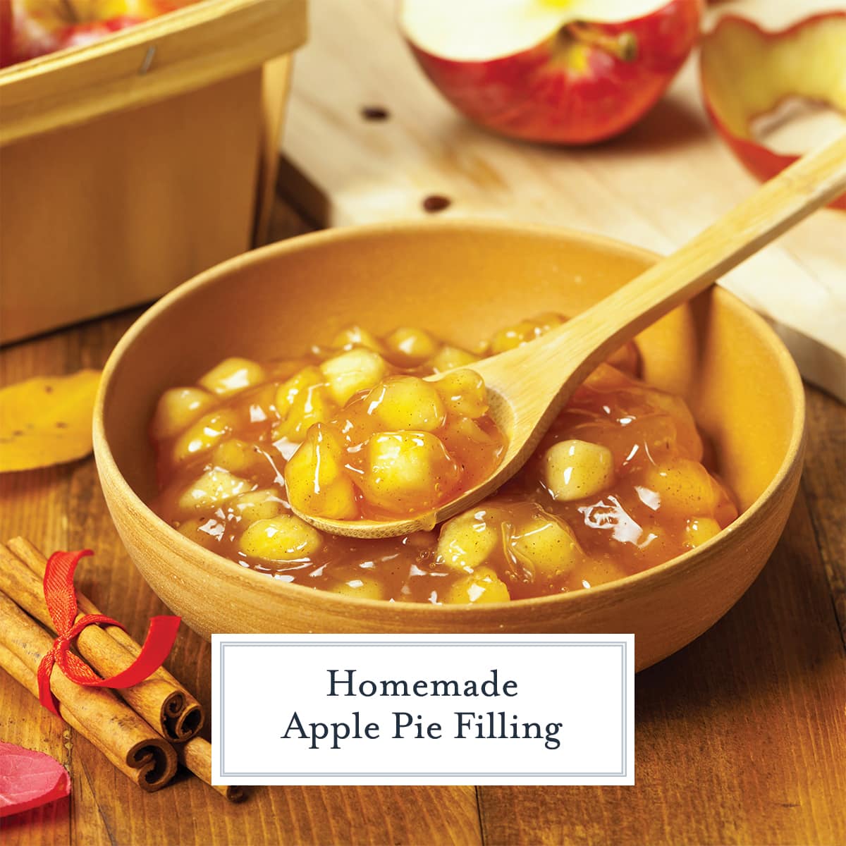 wood bowl with chopped apple pie filling and spoon 