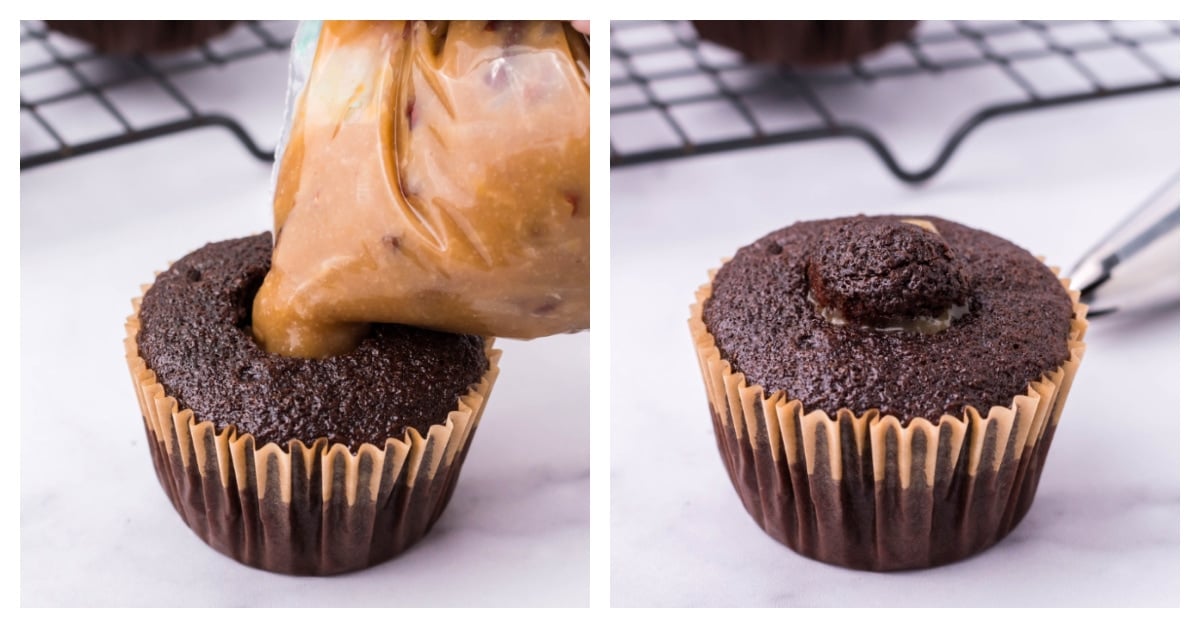 filling a cupcake with coconut filling 