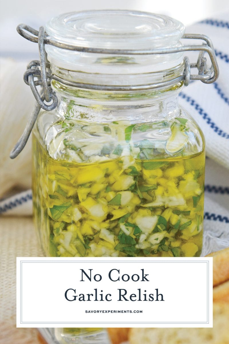 garlic relish in a glass jar for pinterest 