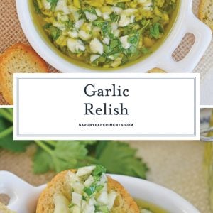 long pinterest image for garlic relish recipe