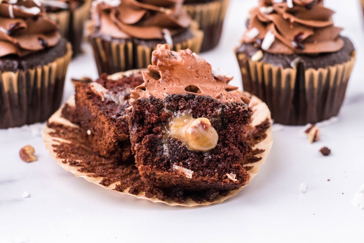 stuffed german chocolate cupcake cut in half 