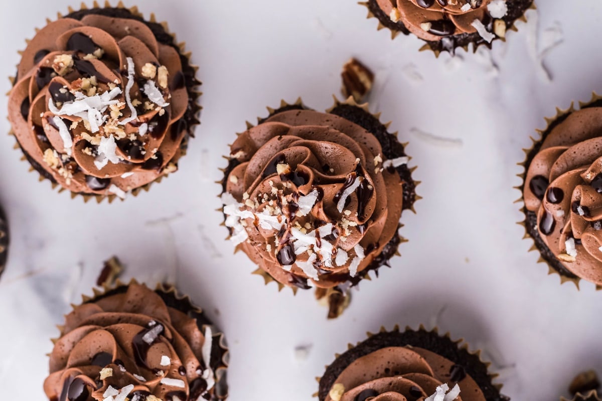 overhead of german chocolate cupcakes 