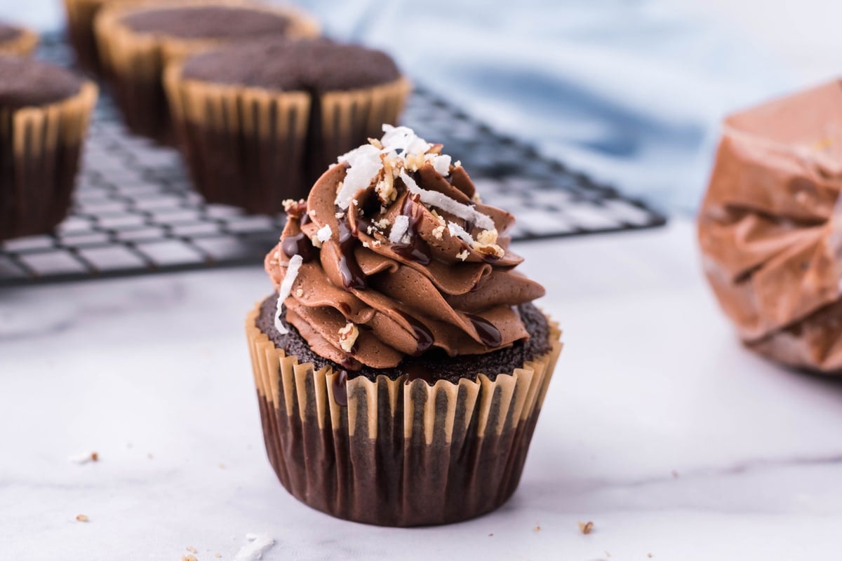 angle of german chocolate cupcake 