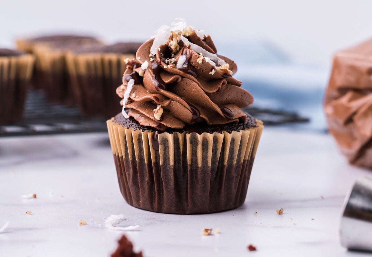 side view of stuffed chocolate cupcake 